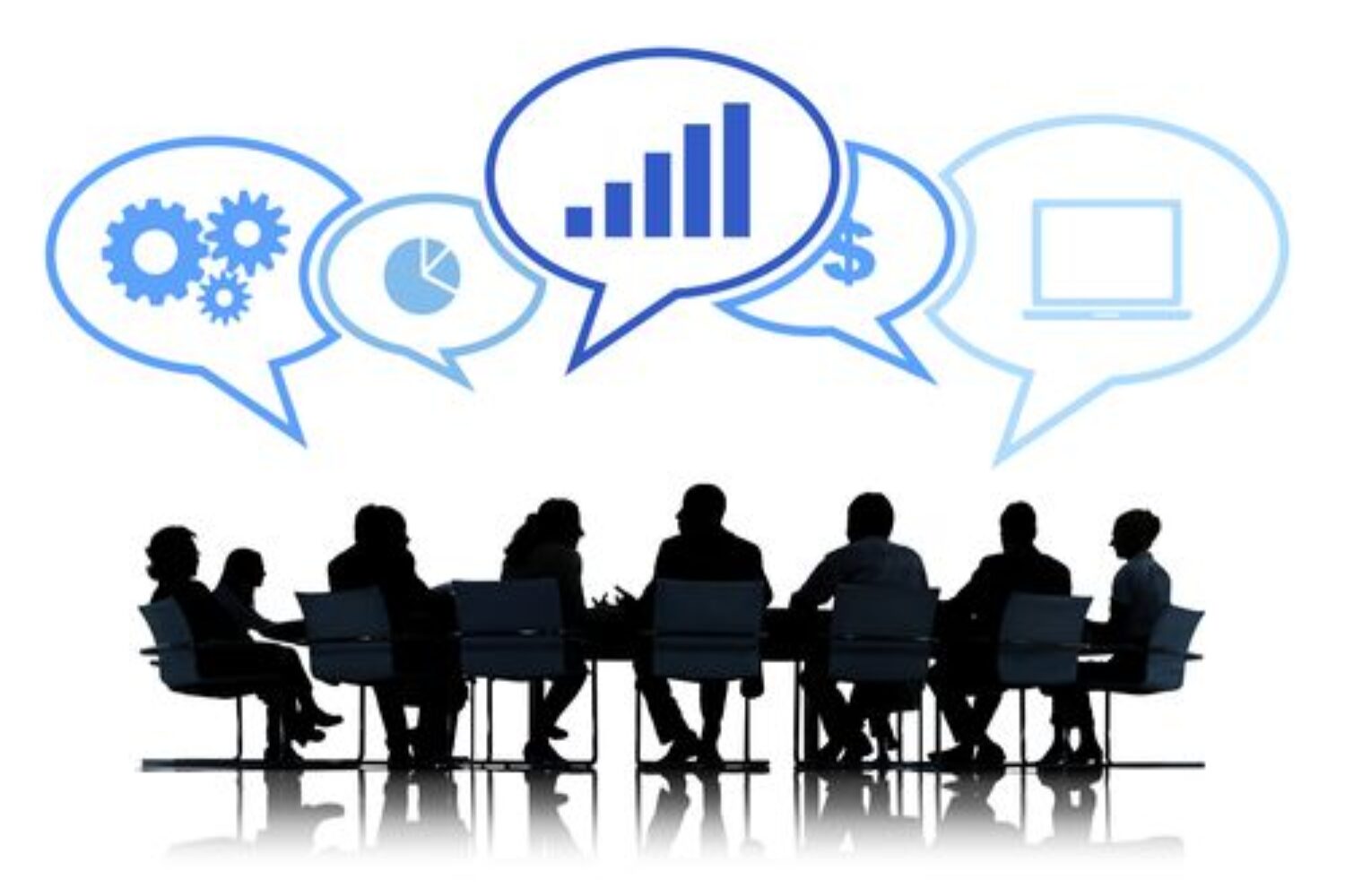 Silhouettes of Business People Meeting with Business Symbols